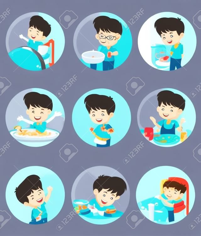 Set van dagelijkse schattige jongen.Boy wakker worden, tanden poetsen, kinderen plassen, het nemen van een bad, aangekleed, ontbijt, kinderen leren, kind slaap.vector en illustratie.