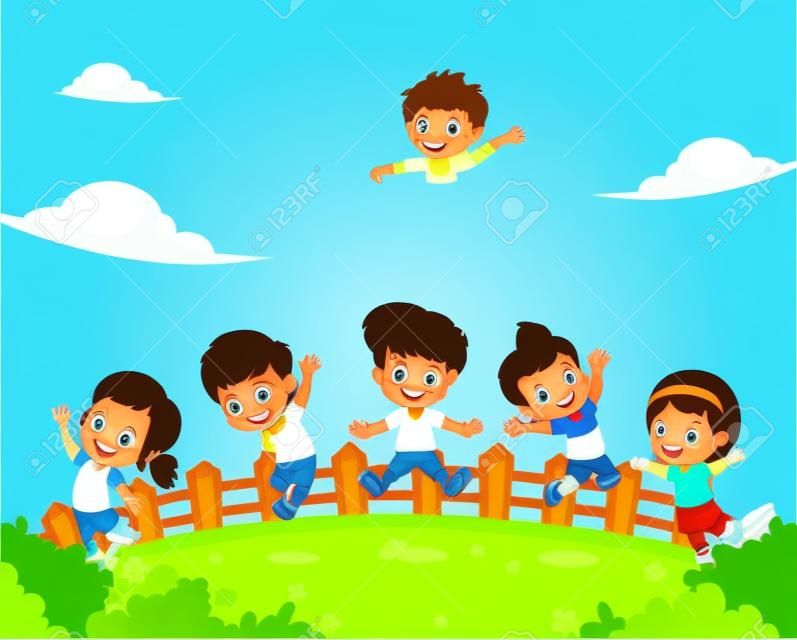 Group of kids jumping in the air together vector illustration.