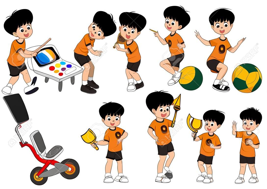 Set of kid activity,kid painting a picture,doing an exercise,playing a tennis,riding a bicycle,playing a trumpet, playing a swing,playing a soccer.Vector and illustration.
