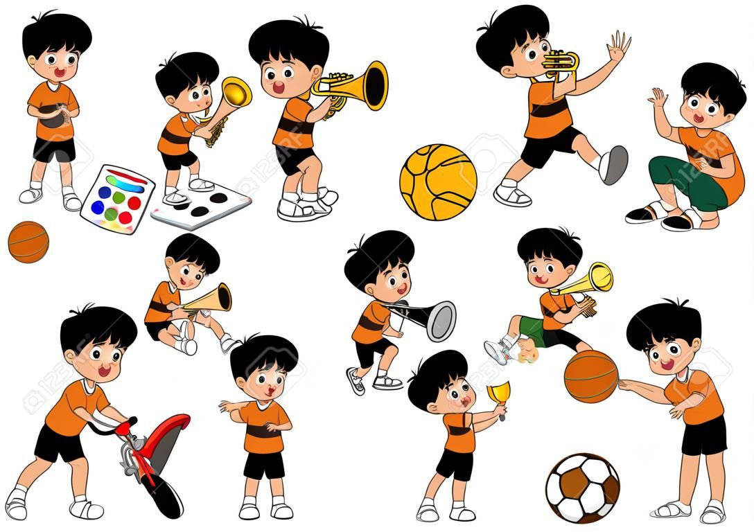 Conjunto de atividade infantil, criança pintando uma imagem, fazendo um exercício, jogando um tênis, andando de bicicleta, tocando uma trombeta, jogando um balanço, jogando um futebol.Vector e ilustração.
