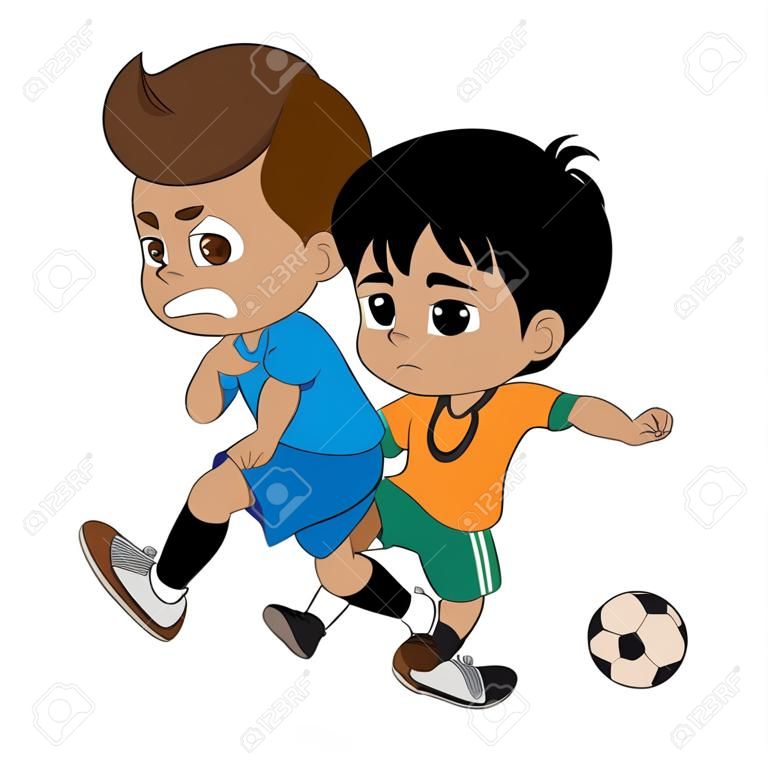 gli eventi della partita di calcio. Il bambino ha cercato di mescolare la palla insieme. Vettore e illustrazione.