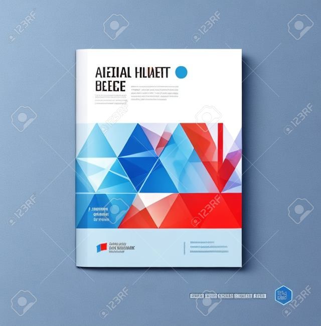 Brochure template lay-out, cover design annual report, magazine, flyer of boekje in A4 met blauwrode geometrische vormen op veelhoekige achtergrond.
