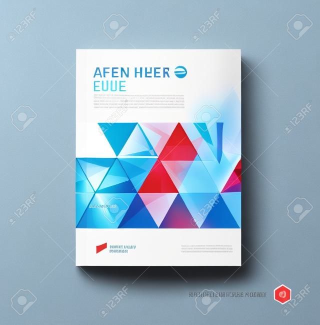 il layout modello di brochure, di copertura di relazione annuale, rivista, volantino o un opuscolo in formato A4 con blu forme geometriche rosse su sfondo poligonale.