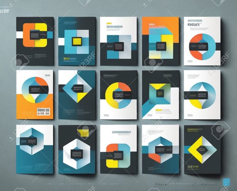 Brochure template layout, cover design annual report, magazine, flyer or leaflet in A4 with triangle, circle and square with overlap effect for business with industrial and modern concept. Vector set.