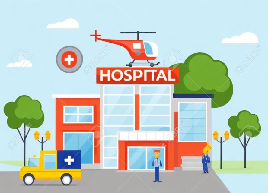 Krankenhausgebäudekonzept mit Doktorcharakter. Flache Karikaturillustration des Vektors