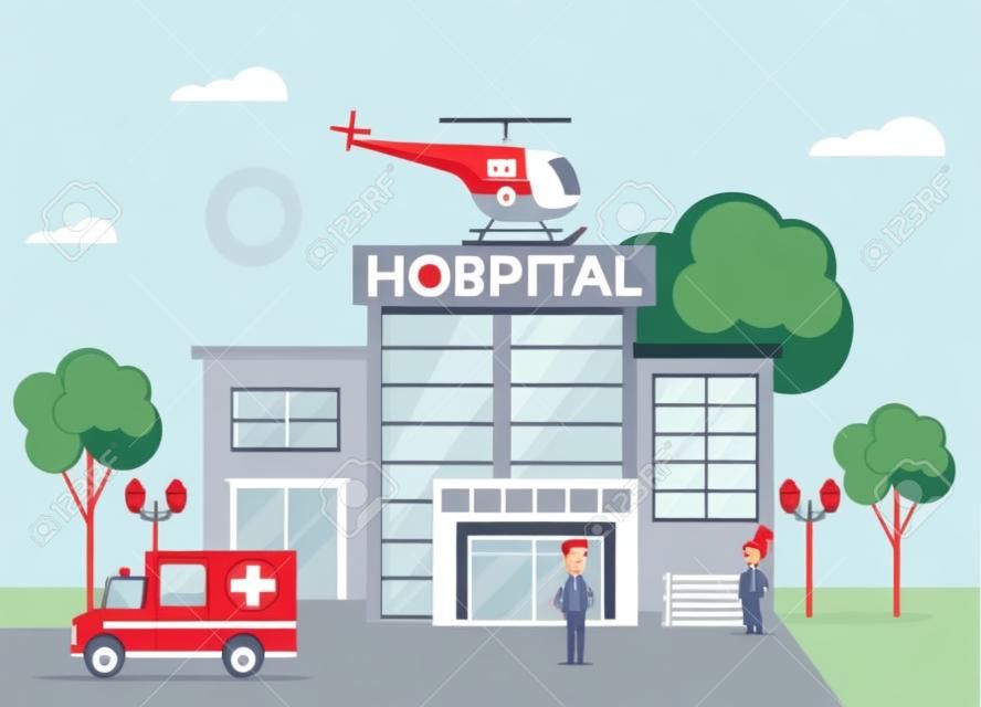 Концепция здания больницы с характером доктора. Векторная иллюстрация плоский мультфильм