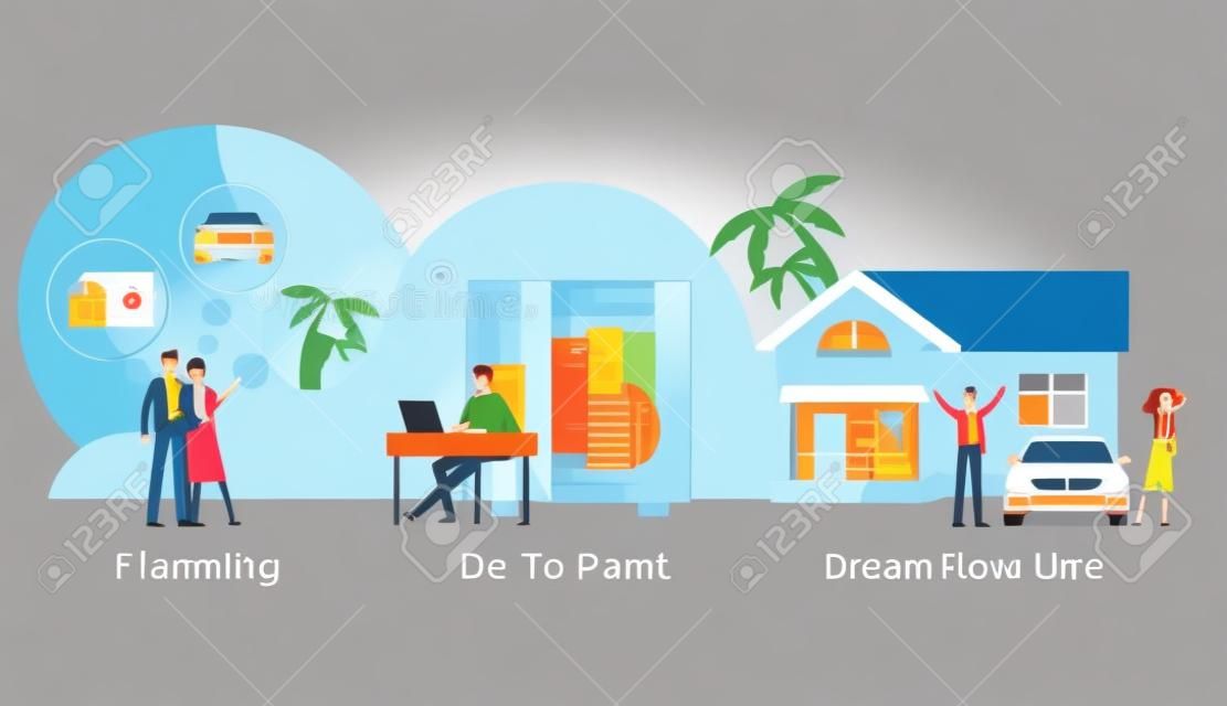 Family taking credit loan on dream come true. Banking concept. Vector flat graphic design cartoon illustration