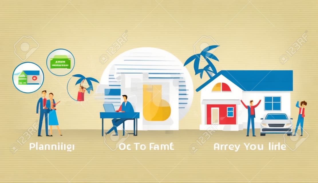 Family taking credit loan on dream come true. Banking concept. Vector flat graphic design cartoon illustration
