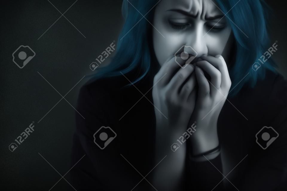 Conceito de transtorno de ansiedade - retrato de mulher ansiosa em um fundo escuro