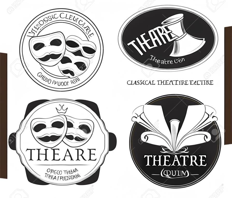 Vintage etiquetas de vectores de teatro, emblemas, insignias y logotipo. máscara clásica de teatro, teatro centro de atención, muestra el rendimiento de teatro, teatro de la ilustración emblema
