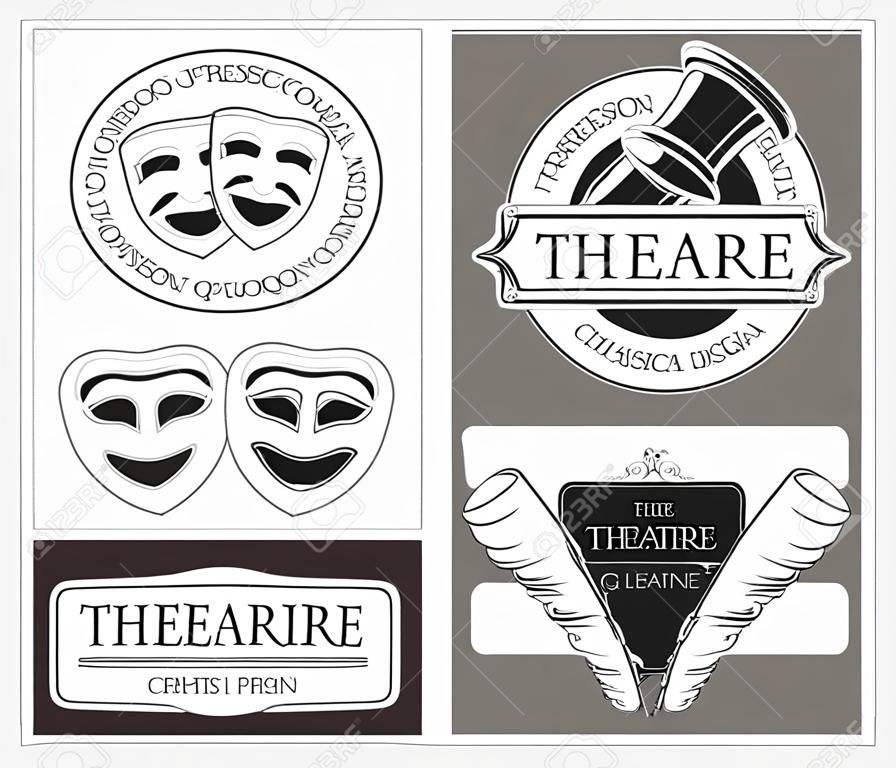 Vintage etichette teatro vettore, emblemi, distintivi e logo. maschera classica teatrale, teatro riflettori, segno teatro prestazioni, emblema del teatro illustrazione