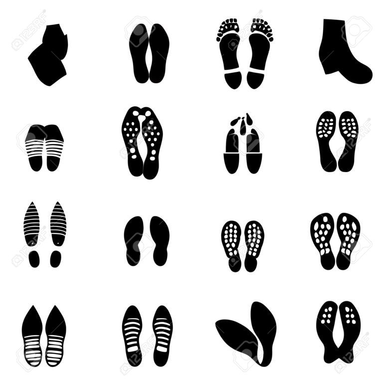 Huellas y zapatos Footmark iconos del vector silueta conjunto. Impresión del zapato, pista de suela de zapato, huella de zapato ilustración