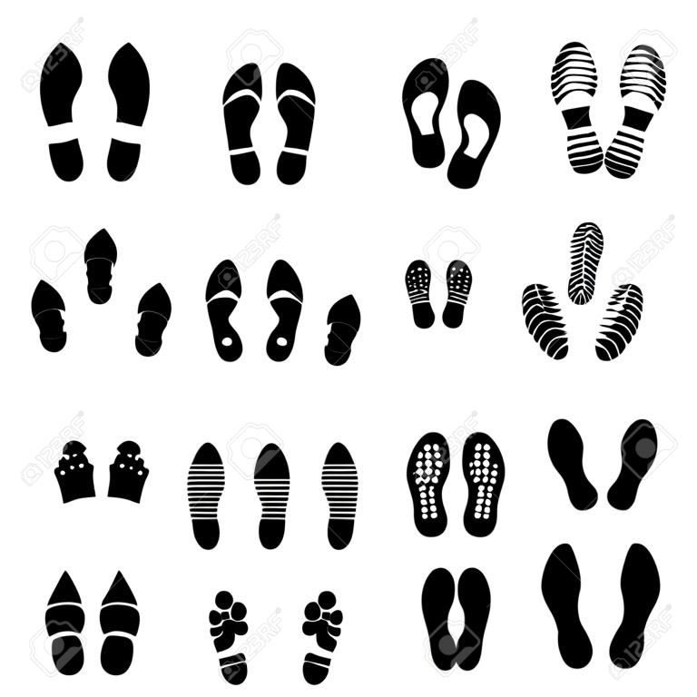 Voetafdrukken en schoenen voetafdruk vector silhouet pictogrammen set. Schoenafdruk, zool schoenspoor, voetafdruk schoen illustratie