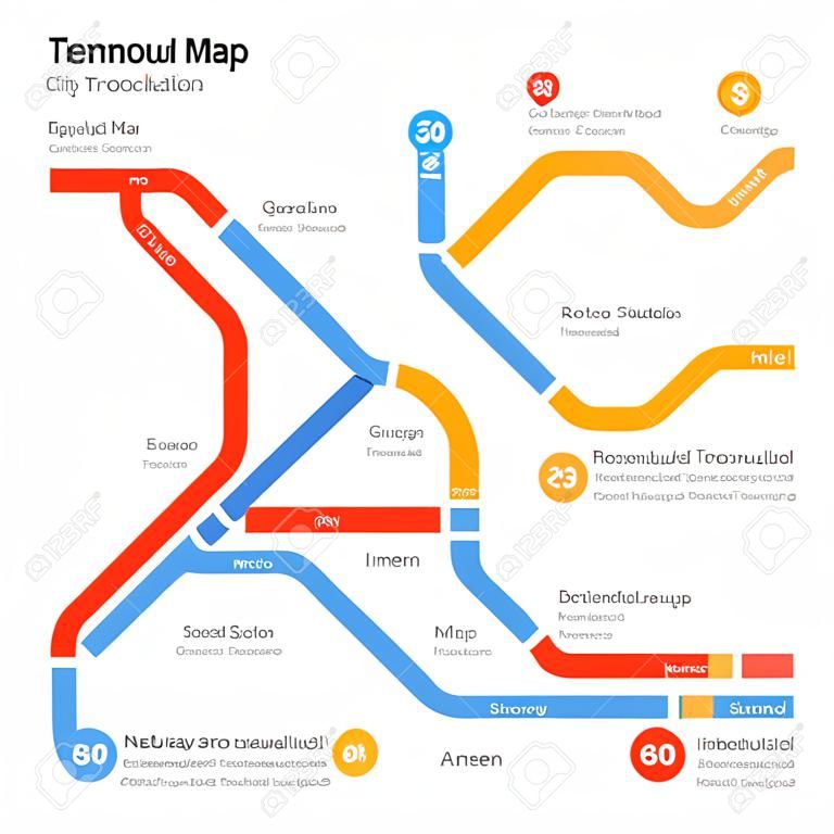 地鐵矢量地圖模板。城市軌道交通方案。信息地鐵線路圖，站地鐵地圖，地下地鐵圖