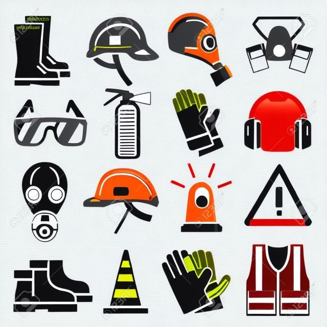 Persönliche Schutzausrüstung Vektor-Icons gesetzt. Helm Schutz, Maske und Handschuh für die Arbeit und den Schutz Illustration