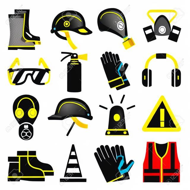 DISPOSITIVI DI PROTEZIONE INDIVIDUALE vettore impostare le icone. la protezione del casco, maschera e guanti per il lavoro e la protezione illustrazione