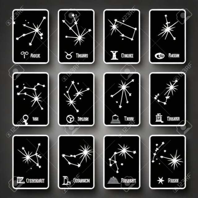 Aries de la muestra del horóscopo todas las estrellas de la constelación de la plantilla de vectores de aplicaciones móviles. Constelación para el horóscopo del zodiaco y Leo constelación de Virgo y la ilustración libra