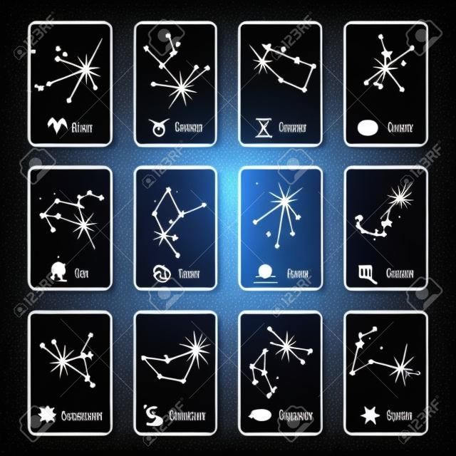 屬相為移動應用矢量模板的所有星座星座的星星。星座占星和星座處女座獅子座和天秤座插圖