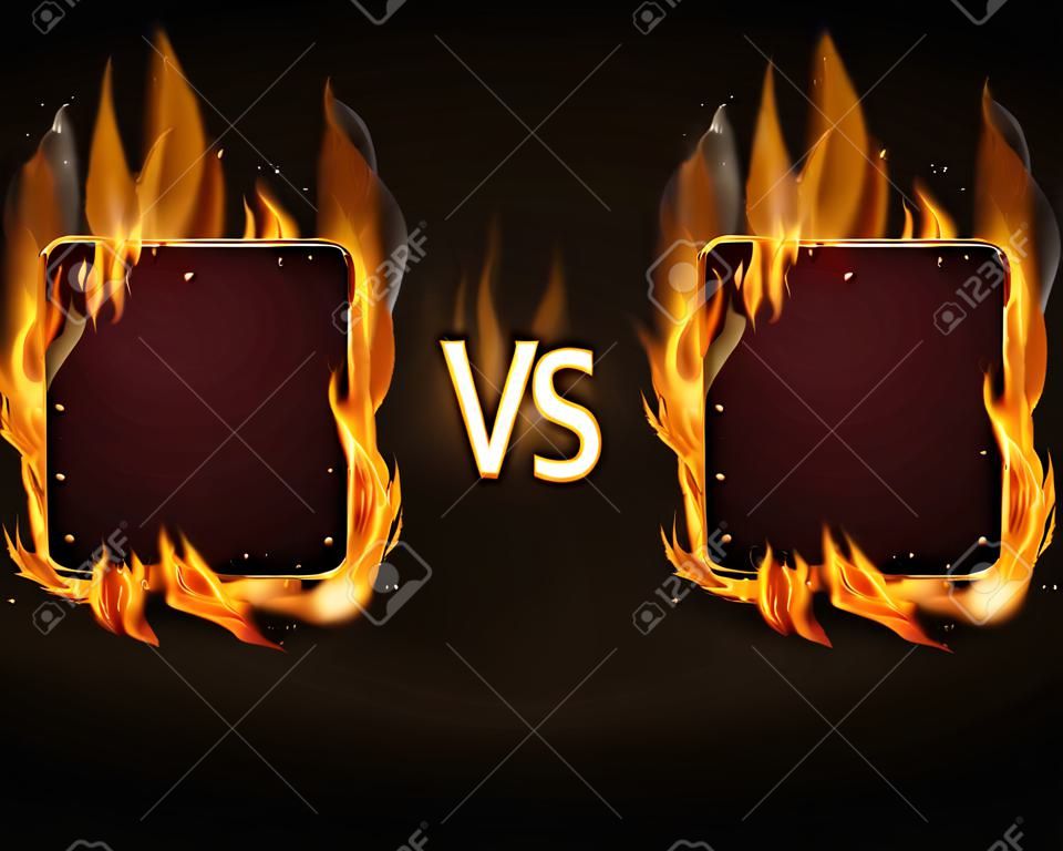 火災のフレームと対の文字で画面表示。争い、対立の炎の VS 画面。ベクトル図