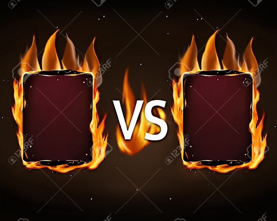 Versus écran avec des cadres d'incendie et lettres vs. Flaming VS écran duel et de confrontation. Vector illustration