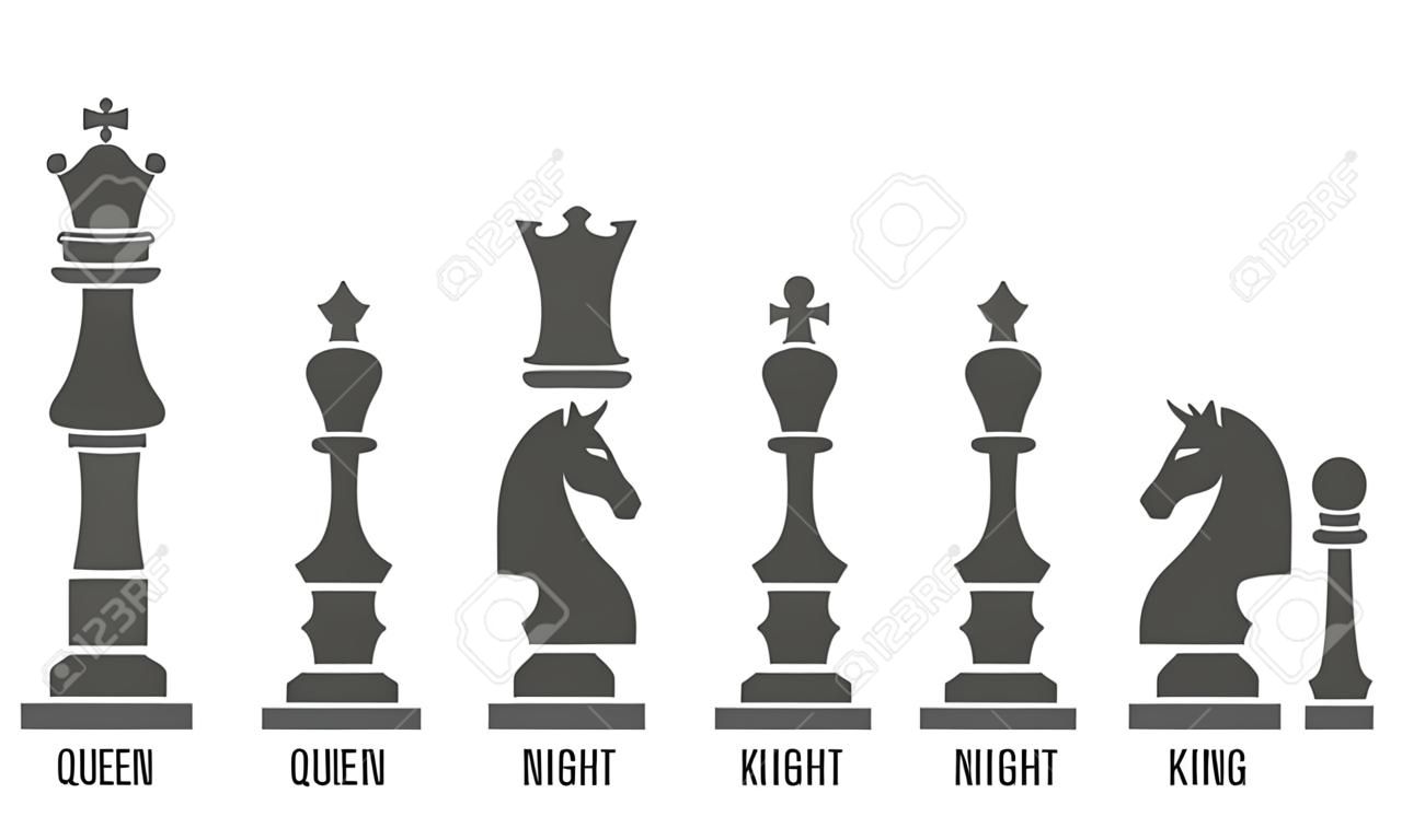 Benannt Schachfigur Vektor. Icons Set von Schachfiguren Königin und König, Abbildung Saatkrähe Bauer und Ritter für Schach
