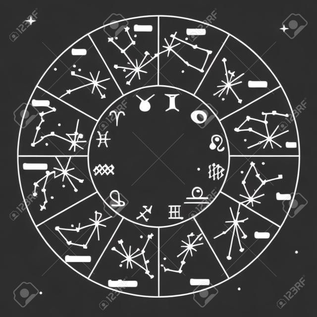 Zodiac constellation map with leo virgo scorpio libra aquarius sagittarius pisces capricorn taurus aries gemini cancer symbols vector illustration