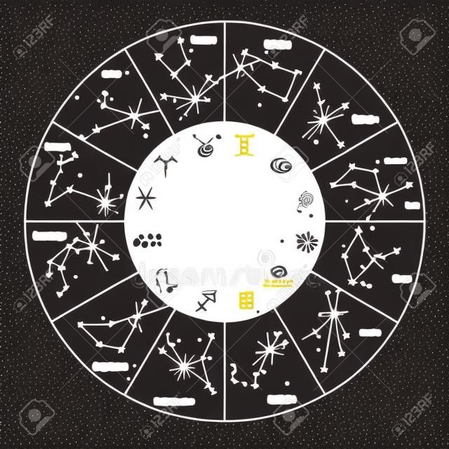 Mapa de la constelación del zodiaco con leo virgo escorpio libra acuario sagitario piscis capricornio tauro aries géminis símbolos de cáncer ilustración vectorial