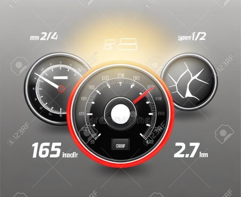 Tablero del coche de carreras y tablero del juego del smartphone de la aplicación con velocímetro y gps. Ilustración vectorial