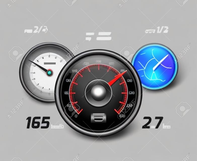 Tablero del coche de carreras y tablero del juego del smartphone de la aplicación con velocímetro y gps. Ilustración vectorial