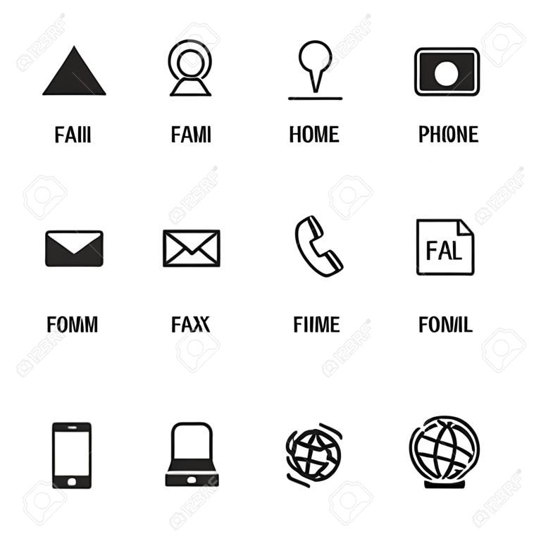 Icone del biglietto da visita vettoriali, casa e di telefono, indirizzo e telefono, fax e web, simboli location. Contatto di telefono per l'illustrazione di comunicazione
