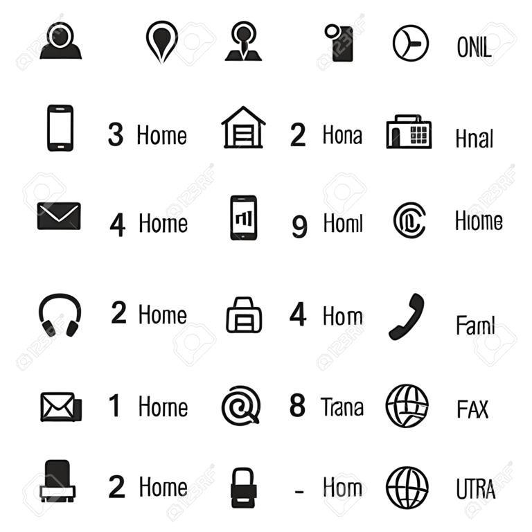 Névjegykártya ikonok, otthon és telefon, cím és telefon, fax és web, helyjelző. Telefonos kapcsolat a kommunikáció illusztrációjához