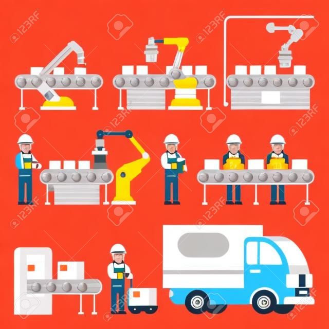 Manufacturing process with production factory line vector flat icons. Factory equipment and industrial technology line illustration
