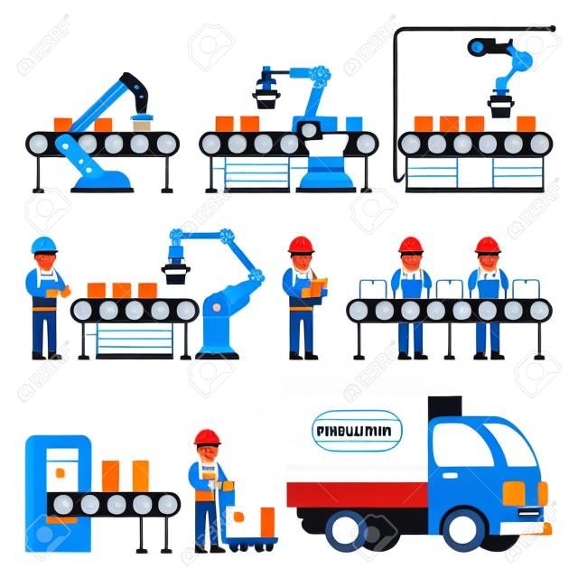 Manufacturing process with production factory line vector flat icons. Factory equipment and industrial technology line illustration