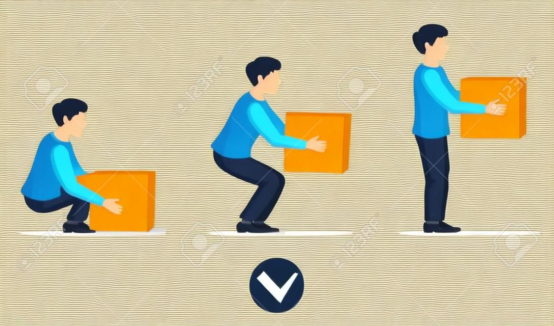 Safety correct lifting of heavy box vector illustration. Instruction correct lifting load, right work lifting item