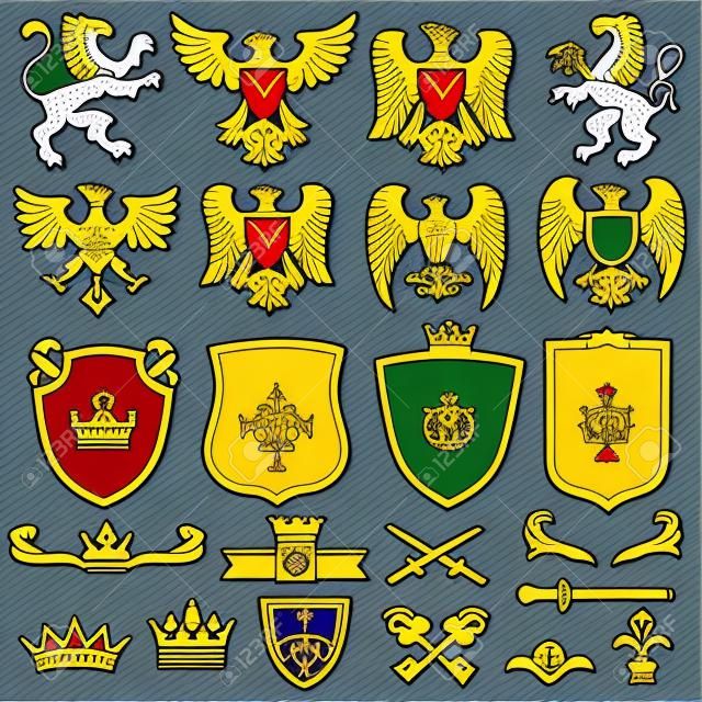 Familiewapen vector elementen voor heraldische koninklijke emblemen. Kroon en schild voor koninklijke badge, illustratie van koninklijke wapenschild