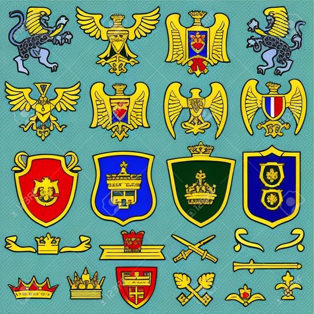 Herb rodziny elementów wektorowych heraldyczne godła królewskie. Korona i tarcza dla królewskiej odznaki, ilustracja królewski herb ręki