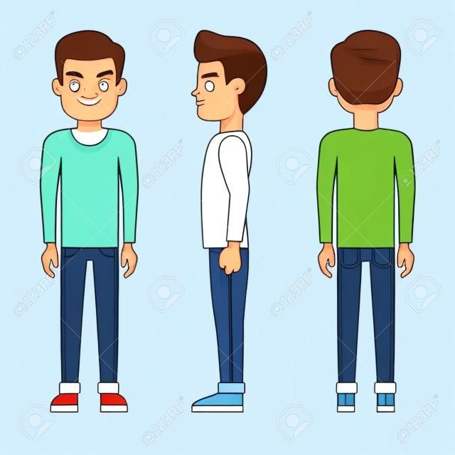Standing young man, boy character in front, back, side view in casual clothes vector set. Guy stand side and front, illustration of cartoon guy