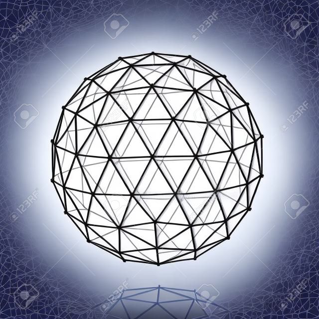 ワイヤ フレームの多角形球、ネットワーク回線は、フラクタル ベクトル デザインを抽象化します。球多角形構造、多角形の球のイラスト