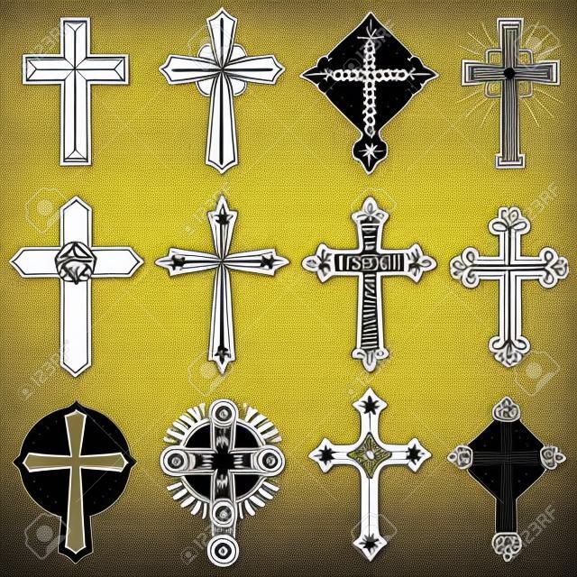 Katholiek christelijk kruis met ornament vector pictogrammen. Set van religieuze kruisen, illustratie van zwart wit kruis van Christus