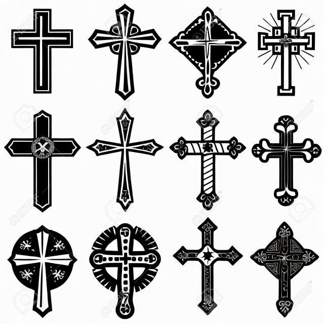 Католический христианский крест с орнаментом векторные иконки. Набор религиозных крестов, иллюстрация черного белого креста Христа