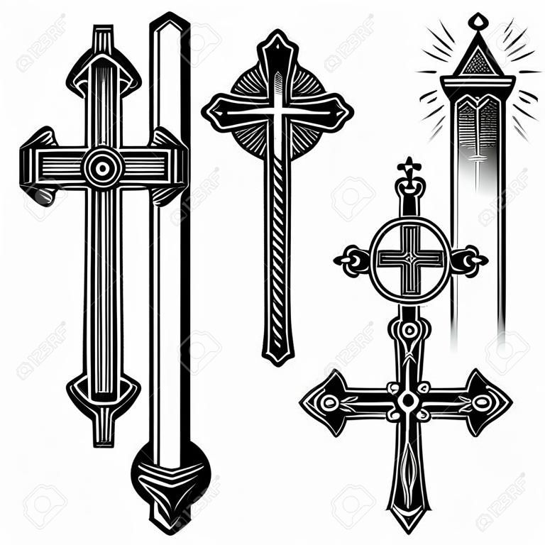 Cruz cristiana católica con los iconos del vector del ornamento. Conjunto de cruces religiosas, ilustración de la cruz blanca de Cristo negro