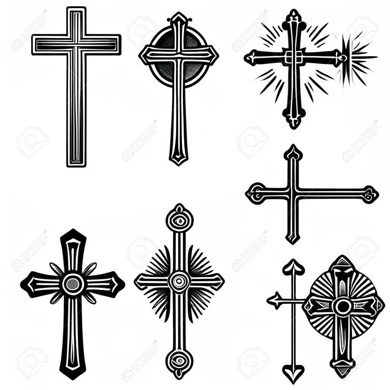 Katholiek christelijk kruis met ornament vector pictogrammen. Set van religieuze kruisen, illustratie van zwart wit kruis van Christus