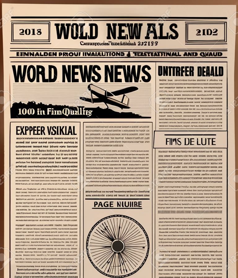 Modelo vetorial de jornal antigo, jornal retro com notícias do mundo, ilustração de papel de jornal de página