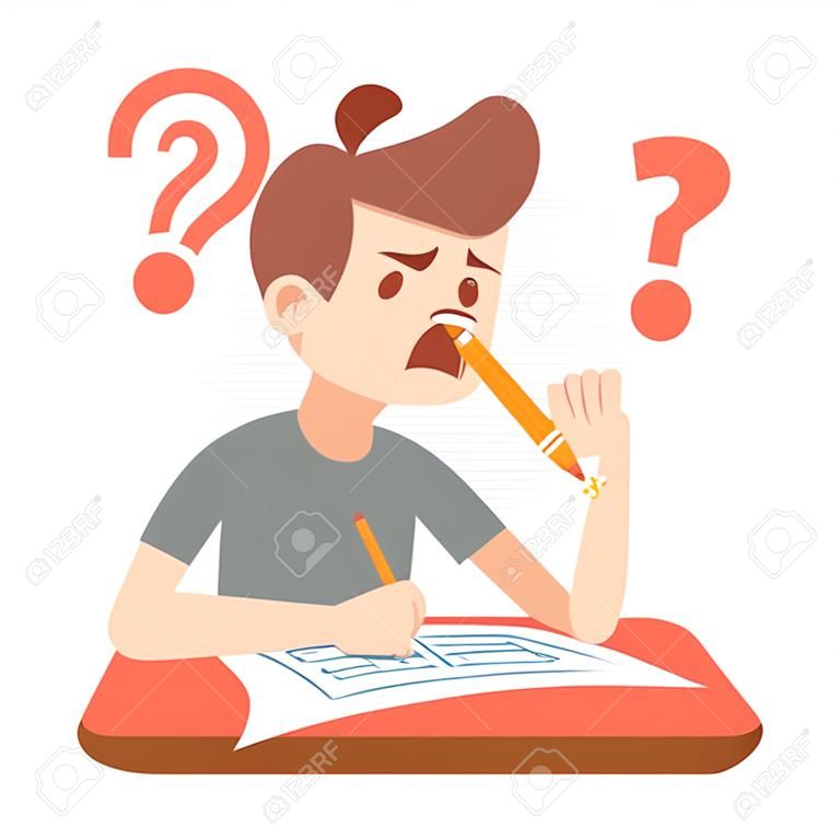 Worried, upset teen student on exam. Education and study vector concept. Alarmed by student answers questions in exam illustration
