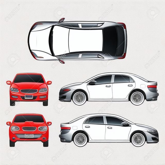 Uitlijning sedan auto vector tekening in verschillende gezichtspunten. Schema sedan auto, illustratie van documentatie project car sedan