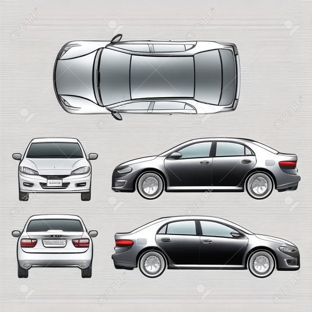 Uitlijning sedan auto vector tekening in verschillende gezichtspunten. Schema sedan auto, illustratie van documentatie project car sedan