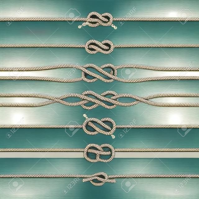 Sailing knots horizontal borders or deviders. Vector marine decorations. Nautical knots, illustration of rope twisted knot