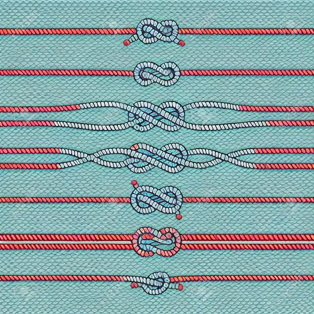Sailing knots horizontal borders or deviders. Vector marine decorations. Nautical knots, illustration of rope twisted knot