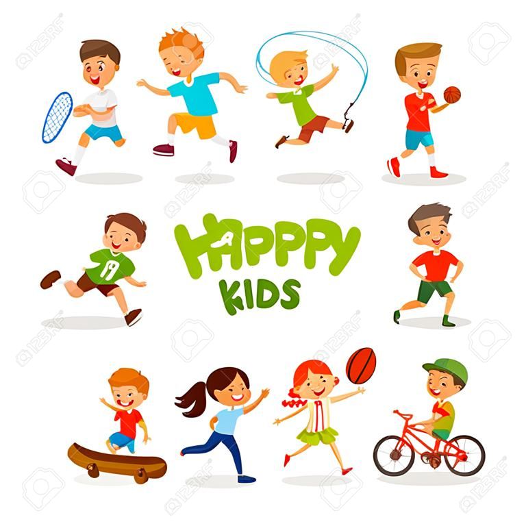 Geuniformeerde gelukkige kinderen spelen sport. Actieve kinderen vector karakters. Gelukkige kinderen cartoon, illustratie van karakter sport kinderen