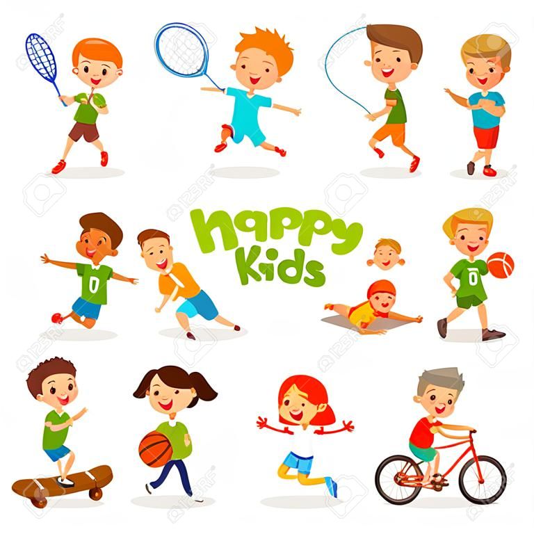 Uniformed glückliche Kinder, die Sportarten spielen. Aktive Kinder Vektor Zeichen. Glückliche Kinder Karikatur, Abbildung der Charakter Sport Kinder